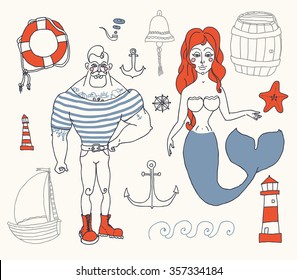 Hand drawn sea icons cartoon set with sailor, lighthouse, mermaid, ship and other.