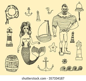 Hand drawn sea icons cartoon set with sailor, lighthouse, mermaid, ship and other.