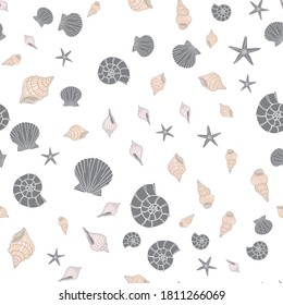 Hand drawn sea  illustration. Set of seamless pattern with shells. Vector 