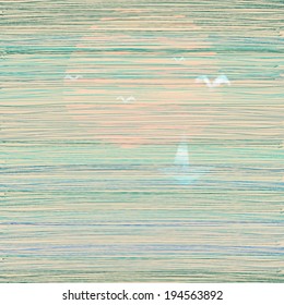 hand drawn sea illustration vector background. lined illustration with sun, ship and seagulls in the sky.