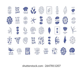 Hand drawn sea life clipart collection. Coastal art drawing. Underwater vector illustration with seashells, saying. Ocean whimsical shell, coral. Mediterranean style. Summer vacation set with quote