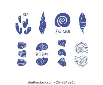 Hand drawn sea life clipart collection. Coastal art drawing. Underwater vector illustration with seashells, saying. Ocean whimsical shell, coral. Mediterranean style. Simple summer vacation set