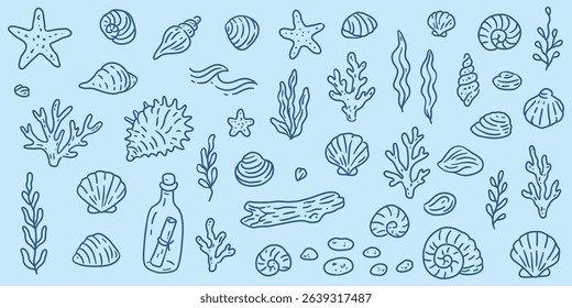 Hand drawn sea life doodle set with shells, corals, seaweed, starfish, driftwood, and bottle. Nautical vector clipart on blue background.