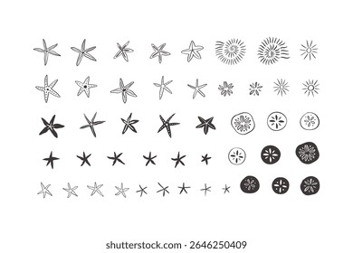 Hand drawn sea life doodle vector illustration. Whimsical ocean clipart isolated on white. Marine underwater cartoon drawing. Line art starfish and sea urchin silhouette