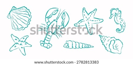 Hand drawn sea life doodle set with shells, lobster, starfish and seahorse. Cute coastal vector collection for decor, stickers, summer branding and prints. Mediterranean blue line doodle set.