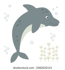 Hand drawn sea life element. Adorable dolphin. Vector dolphin cartoon sea life for your design.