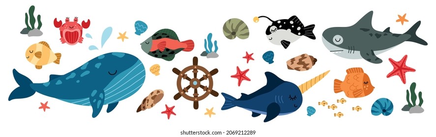 Hand drawn sea life elements set. Fish and wild marine animals flat style vector illustration. Colorful Sea world animals icon set for poster, print, logo, greeting card, banner. Vector illustration