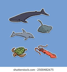 Hand drawn sea life elements for printing, poster, card, clothes. Sea animal pack illustration vector design sticker isolated in a blue background, underwater animals stickers pack