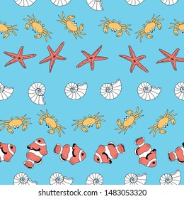 Hand drawn sea life on a fresh blue background. Seamless pattern background. Perfect for scrap booking , textile  and home decor projects. Surface pattern design. 