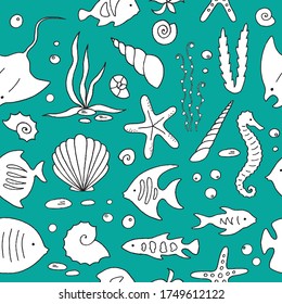 Hand drawn sea life seamless pattern. Vector illustration.