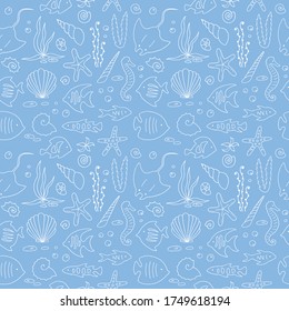 Hand drawn sea life seamless pattern. Vector illustration.