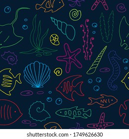 Hand drawn sea life seamless pattern. Vector illustration.