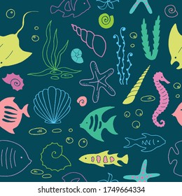 Hand drawn sea life seamless pattern. Vector illustration.
