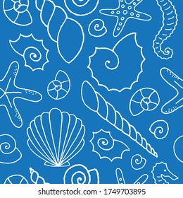 Hand drawn sea life seamless pattern. Vector illustration.