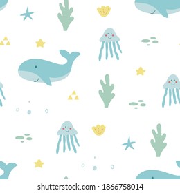 Hand drawn sea life seamless pattern. Unique marine life objects. Save the ocean texture. Doodle underwater seascape. Sea fauna with whale, shell, jellyfish, corals. Vector Illustration.