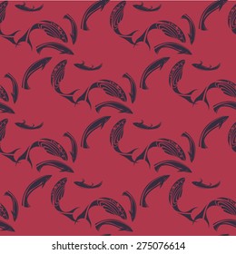 Hand drawn sea life seamless pattern with fish.Vector line art.