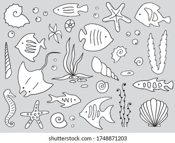 Hand drawn sea life set. Vector illustration.