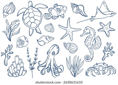 Hand drawn sea life vector set, marine animals and ocean elements in line art style, underwater collection with shells, fish, turtle and coral
