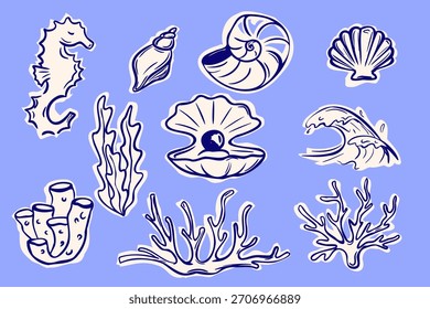 Vector de vida marina dibujado a mano con conchas, coral, algas, caballito de mar y Elementos marinos. Perfecto para el diseño, textil y pegatina.