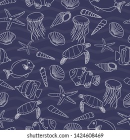 Hand drawn sea life with  waves on a dark blue background. Seamless pattern background. Perfect for scrap booking , textile  and home decor projects. Surface pattern design. 
