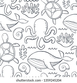 Hand drawn Sea life, whales, octopus and seamless pattern. Vector seamless pattern with underwate life.