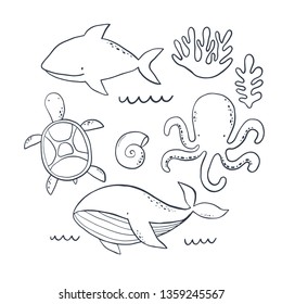 Hand drawn Sea life, whales, octopus and  set. Vector pattern with underwate life.