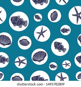 Hand drawn sea life in white circles on an ocean blue background. Seamless pattern background. Perfect for scrap booking , textile  and home decor projects. Surface pattern design. 
