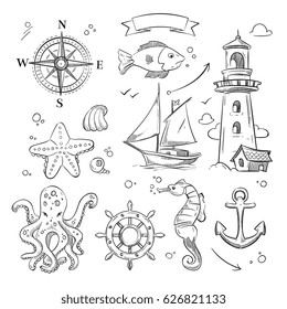 Hand drawn sea, marine objects and ocean animals vector set