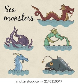 Hand drawn sea monsters set. Isolated elements for ancient, medieval, pirates map. Fantasy beasts: dragons, octopus and monkfish.