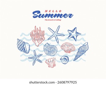 Hand drawn sea and ocean illustartion with seashell, coral and starfish. Minimalist summer beach vacation vector design.