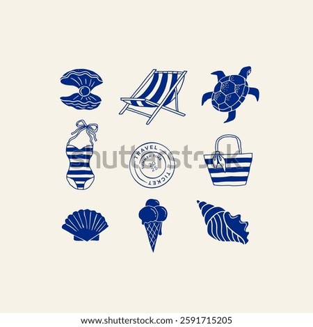 Hand drawn sea, ocean, seashell, beach, swimsuit, beach chair, watermelon and sunglasses illustrations, patter, minimalist abstract design. Vector art and illustrations