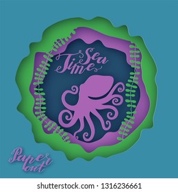 Hand drawn sea and octopus in paper cut style on blue background, greeting cart template, hand lettering sea time