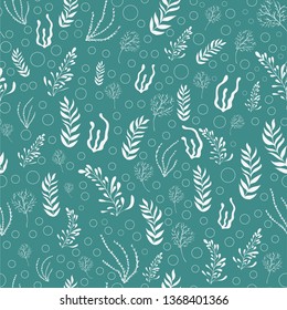 Hand drawn sea plants seamless pattern. White seaweed on turquoise background. Vector hand drawn doodle illustration. Seamless pattern for decorative design.