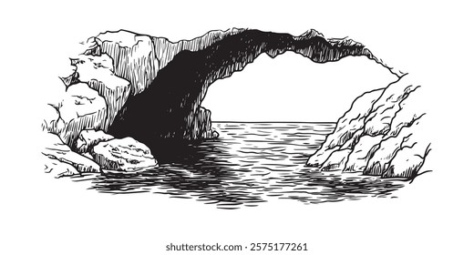 hand drawn sea rock arch with black sketch style illustration
