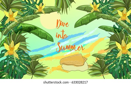 Hand drawn sea scape background with tropical leaves, flowers, seashell and sun. Dive into summer.