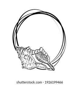 Logo de la concha marina dibujada a mano, marco, borde, elemento promocional. Plantilla de emblema de marca. Monograma minimalista. Marca comercial elegante rústica o fondo de los logotipos. 
