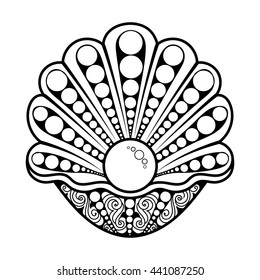 Hand Drawn Sea shell with pearll. Black and white illustration in zentangle style.