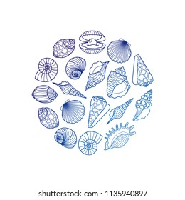 Hand drawn sea shell round emblem vector illustration