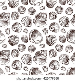 Hand drawn sea shell. Set of vector sketches shells. Shell illustration for your design. Seamless pattern sea shell. 