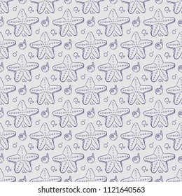 Hand drawn sea shell and starfish seamless pattern background. Vector illustration
