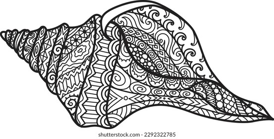 Hand drawn Sea shell or Syrinx Aruaus, for adult coloring page, printing or engraving. Vector illustration.