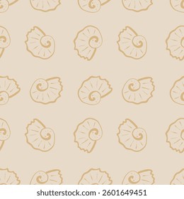 Hand drawn sea shells beige seamless pattern in doodle sketchy style on sandy background. Line art sea shell vector background