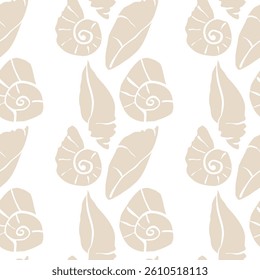 Hand drawn sea shells beige sandy seamless pattern in doodle sketchy style on white background. Line art sea shell vector background