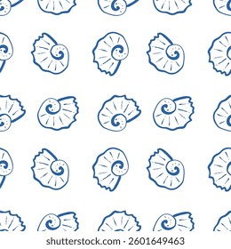 Hand drawn sea shells blue seamless pattern in doodle sketchy style on white background. Line art sea shell vector background