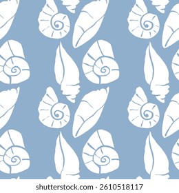 Hand drawn sea shells blue white seamless pattern in doodle sketchy style on blue background. Line art sea shell vector background