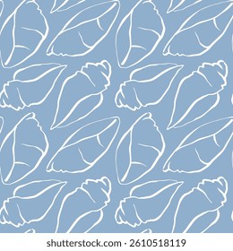 Hand drawn sea shells blue white seamless pattern in doodle sketchy style on blue background. Line art sea shell vector background