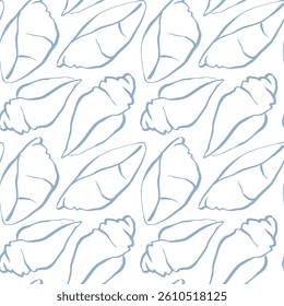 Hand drawn sea shells blue white seamless pattern in doodle sketchy style on white background. Line art sea shell vector background