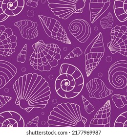 Hand drawn sea shells collection. Marine illustration of ocean shellfish. Outlined seashells on violet background.