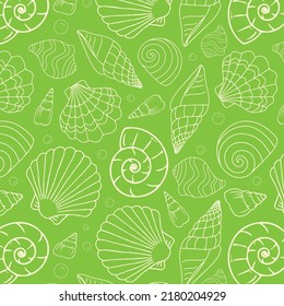 Hand drawn sea shells collection. Marine illustration of ocean shells. Seashells on green background.