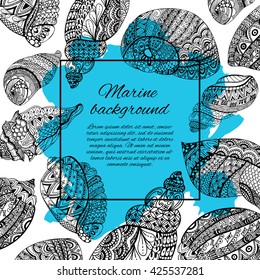 Hand drawn sea shells design for postcard, banner, card. Vector background with sea shell doodle elements. Sketch illustration